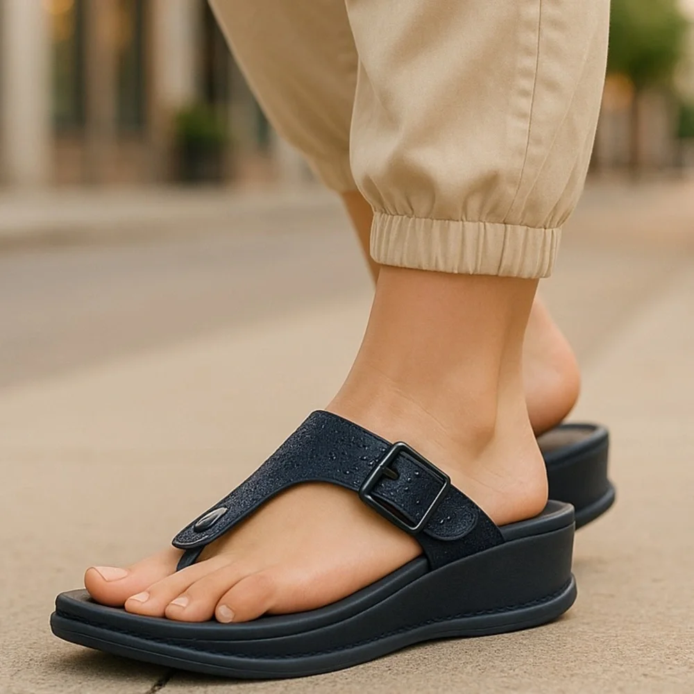 New! Italina Black Rhinestone Embellished Between The Toes Low Wedge Sandal
